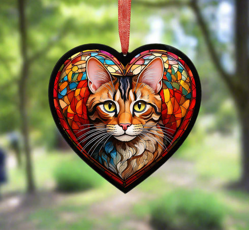 Bengal Cat Stained Glass Effect Heart Suncatcher